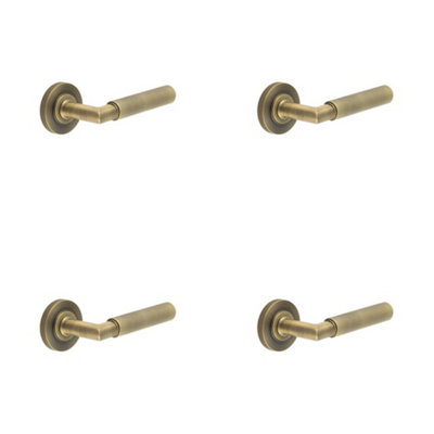4 PACK Antique Brass Knurled Door Handle with Rose for Elegant Interiors - Solid Brass Interior Handle