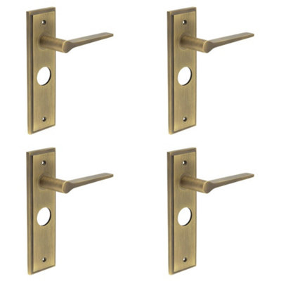 4 PACK Antique Brass Lever Door Handle with Backplate for Bathroom - Solid Brass Interior Handle