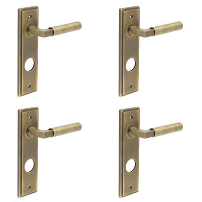 4 PACK Antique Brass Lever Door Handle with Backplate for Bathrooms - Solid Brass Interior Lever