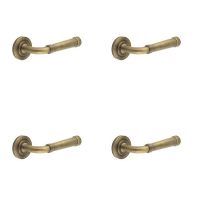 4 PACK Antique Brass Reeded Rose Door Handle - Elegant Design for Every Home - Solid Brass Interior Handle