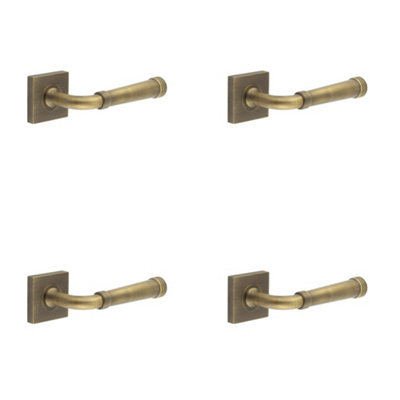4 PACK Antique Brass Square Door Handle with Rose Design for Elegant Interiors - Solid Brass Interior Handle
