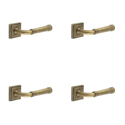 4 PACK Antique Brass Square Stepped Door Handle for Elegant Interiors - Solid Brass Interior Handle