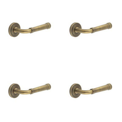 4 PACK Antique Brass Stepped Rose Door Handle - Elegant and Durable Design - Solid Brass Interior Handle