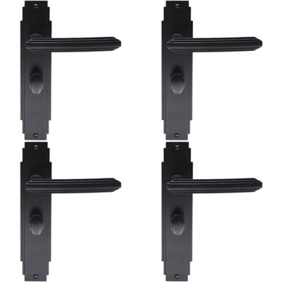 4 PACK - Art Deco Bathroom Latch Door Handle - Matt Black Lever on Backplate Reeded