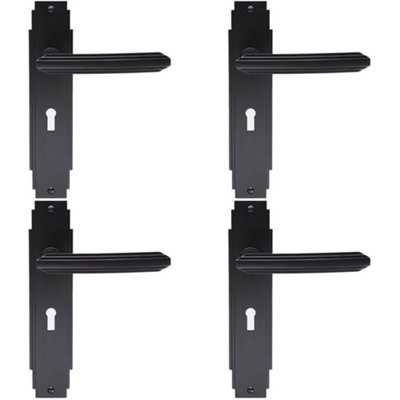 4 PACK - Art Deco Internal Latch Door Handle - Matt Black Lever on Backplate Reeded