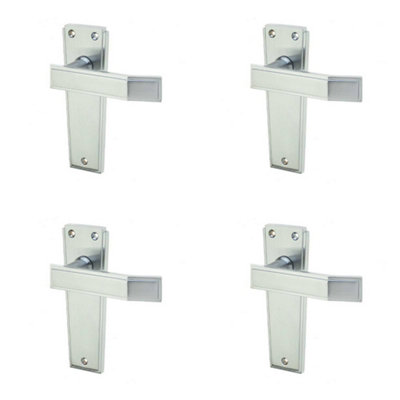 4 PACK Art Deco Satin Chrome Door Handle on Latchplate for Elegant Home Design - Interior Lever on Backplate