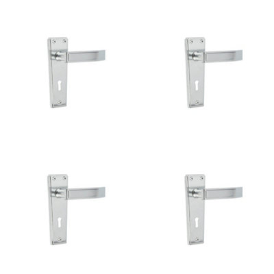 4 PACK Art Deco Satin Chrome Door Handle with Lockplate - Interior Lever on Backplate