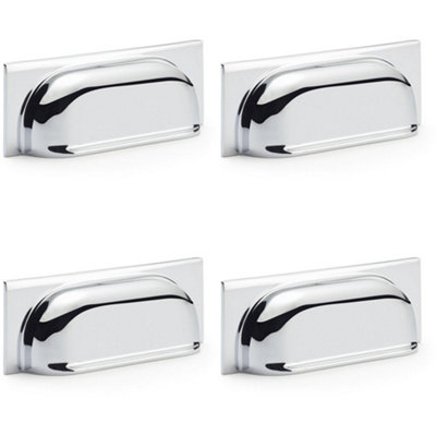 4 PACK - Backplate Cup Handle Polished Chrome 96mm Centres Solid Brass Shaker Drawer Pull