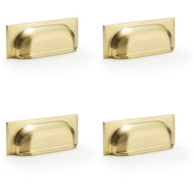 4 PACK - Backplate Cup Handle - Satin Brass 96mm Centres Solid Brass Shaker Drawer Pull