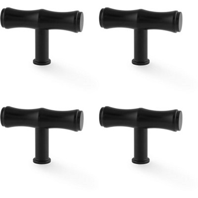 4 PACK - Bamboo T Bar Cupboard Door Knob - 55mm x 38mm - Matt Black Unit Pull Handle
