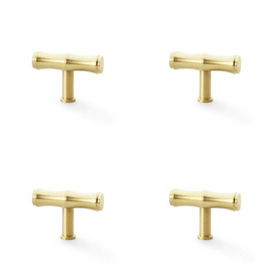 4 PACK - Bamboo T Bar Cupboard Door Knob - 55mm x 38mm - Satin Brass Unit Pull Handle