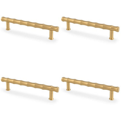 4 PACK - Bamboo T Bar Pull Handle - Satin Brass 128mm Centres SOLID BRASS Drawer Door
