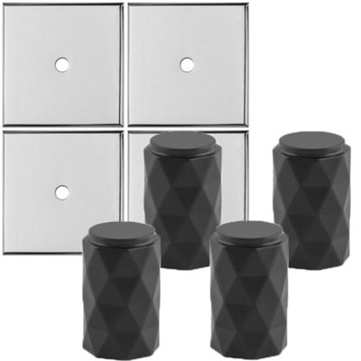 4 PACK - Cabinet Door Knob & Contrasting Backplate Set - Diamond Kitchen Pull - Matt Black & Chrome