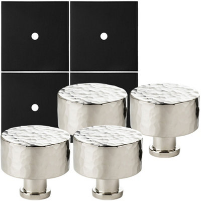 4 PACK - Cabinet Door Knob & Contrasting Backplate Set - Hammered Kitchen Pull - Polished Nickel & Black