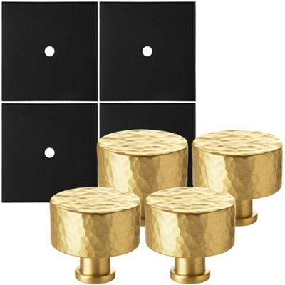 4 PACK - Cabinet Door Knob & Contrasting Backplate Set - Hammered Kitchen Pull - Satin Brass & Matt Black