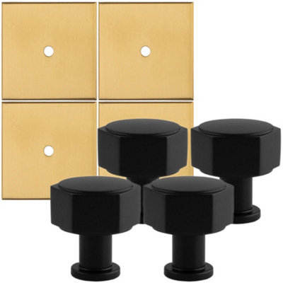 4 PACK - Cabinet Door Knob & Contrasting Backplate Set - Hex Kitchen Pull - Matt Black & Satin Brass