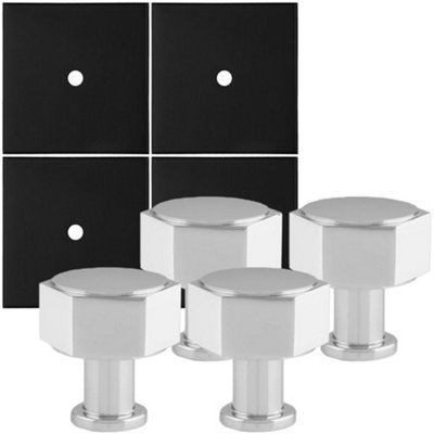 4 PACK - Cabinet Door Knob & Contrasting Backplate Set - Hex Kitchen Pull - Polished Chrome & Black