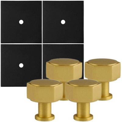 4 PACK - Cabinet Door Knob & Contrasting Backplate Set - Hex Kitchen Pull - Satin Brass & Matt Black