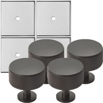 4 PACK - Cabinet Door Knob & Contrasting Backplate Set - Knurled Kitchen Pull - Matt Black & Chrome