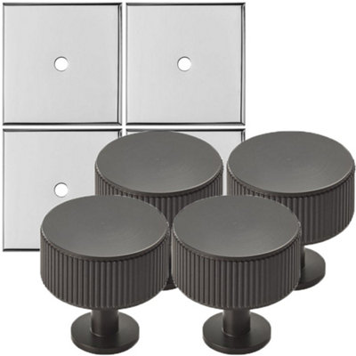 4 PACK - Cabinet Door Knob & Contrasting Backplate Set - Reeded Lined Kitchen Pull - Matt Black & Chrome