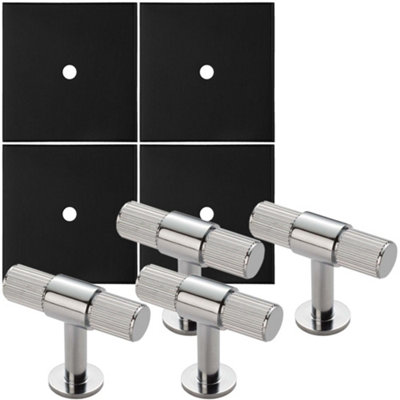 4 PACK - Cabinet Door Knob & Contrasting Backplate Set - Reeded T Bar Pull - Polished Chrome & Black