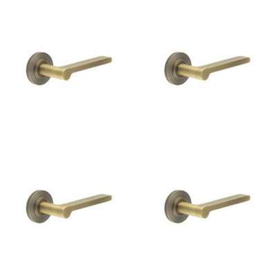 4 PACK Chamfered Rose Door Handle in Antique Brass - Solid Brass Interior Handle