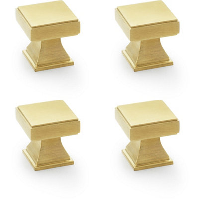 4 PACK - Chunky Square Cupboard Door Knob - 30mm - Satin Brass Kitchen Unit Pull Handle