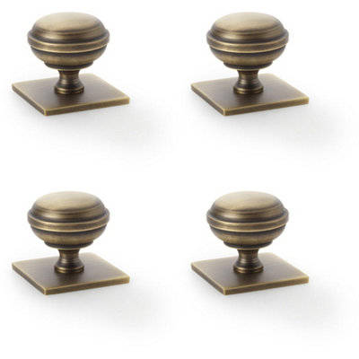 4 PACK - Classic Round Cabinet Door Knob & Matching Backplate - Antique Brass 34mm Handle