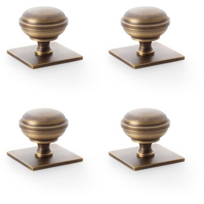 4 PACK - Classic Round Cabinet Door Knob & Matching Backplate - Antique Brass 38mm Handle