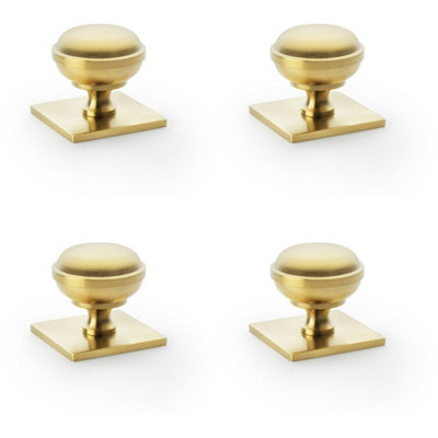 4 PACK - Classic Round Cabinet Door Knob & Matching Backplate - Satin Brass 34mm Handle