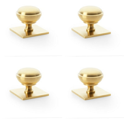 4 PACK - Classic Round Cabinet Door Knob & Matching Backplate - Satin Brass 38mm Handle