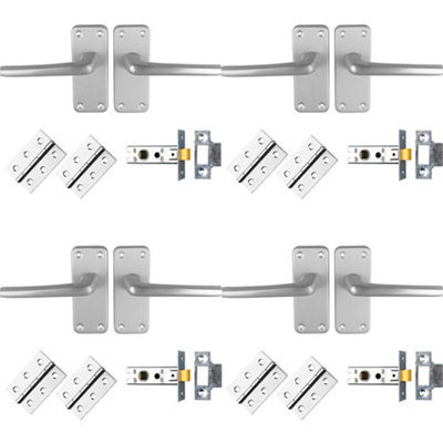 4 PACK - Commercial Straight Door Handle & Latch Pack Set- Satin Aluminium Lever Backplate
