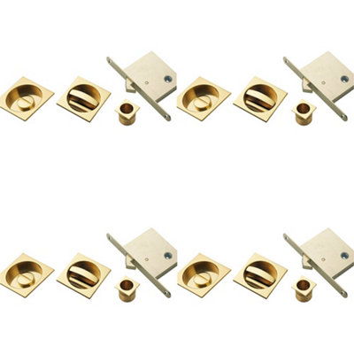 4 PACK - Complete Locking Sliding Pocket Door Pack Set- Polished Brass - Square Thumbturn WC