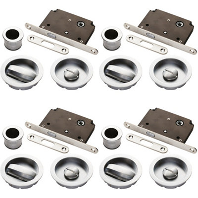 4 PACK - Complete Locking Sliding Pocket Door Pack Set- Satin Chrome - Thumbturn Bathroom
