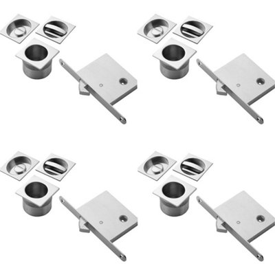 4 PACK - Complete Locking Sliding Pocket Door Pack Set- Satin Nickel - Square Thumbturn WC