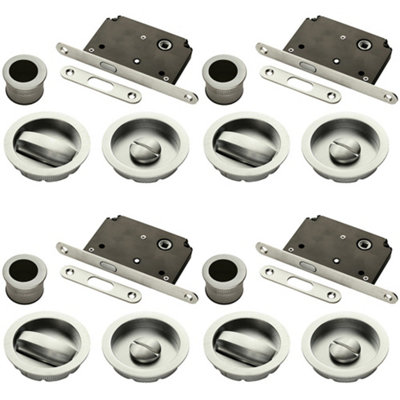 4 PACK - Complete Locking Sliding Pocket Door Pack Set- Satin Nickel - Thumbturn Bathroom