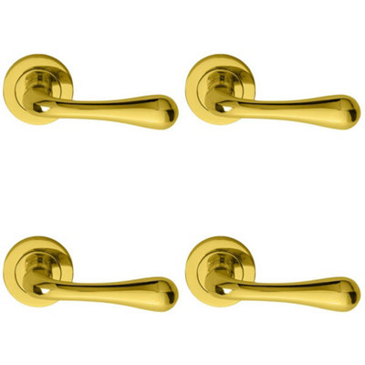 4 PACK - Concealed Door Handle Set - Polished Brass Lever on Round Rose Rotund End