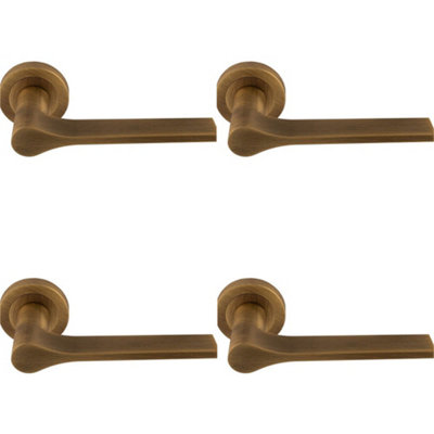 4 PACK - Contemporary Flat Door Handle Set - Antique Brass Sleek Lever on Round Rose