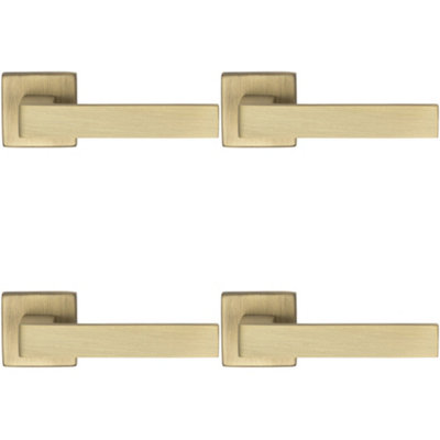 4 PACK - Contemporary Flat Door Handle Set - Antique Brass Sleek Lever on Square Rose