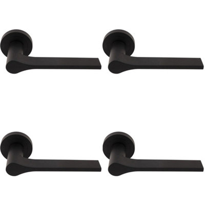 4 PACK - Contemporary Flat Door Handle Set - Matt Black Sleek Lever on Round Rose