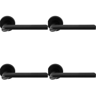 4 PACK - Contemporary Flat Door Handle Set - Matt Black Smooth Lever on Round Rose