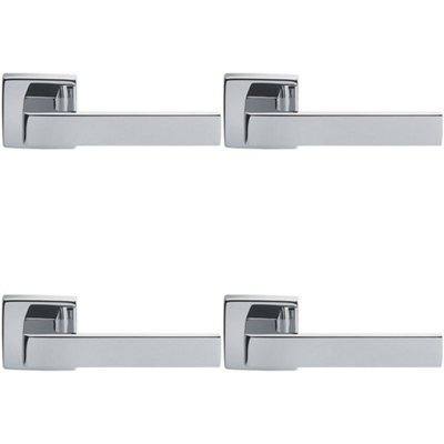 4 PACK - Contemporary Flat Door Handle Set - Polished Chrome Sleek Lever on Square Rose