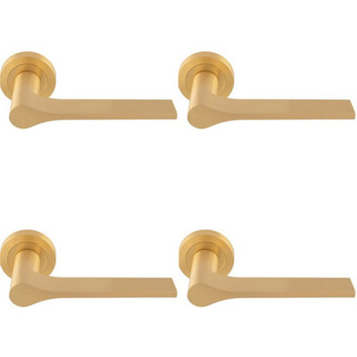 4 PACK - Contemporary Flat Door Handle Set - Satin Brass Sleek Lever on Round Rose
