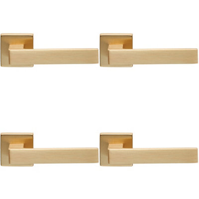 4 PACK - Contemporary Flat Door Handle Set - Satin Brass Sleek Lever on Square Rose