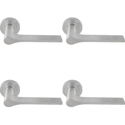 4 PACK - Contemporary Flat Door Handle Set - Satin Chrome Sleek Lever on Round Rose
