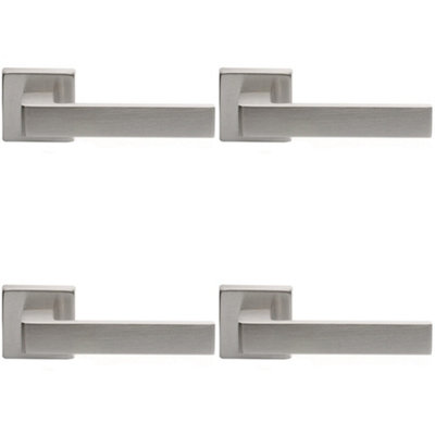 4 PACK - Contemporary Flat Door Handle Set - Satin Chrome Sleek Lever on Square Rose