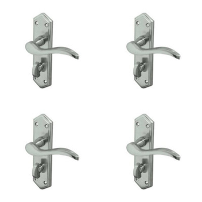 4 PACK Contemporary Satin Chrome Suite Door Handle with Bathroom Plate - Interior Lever on Backplate