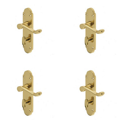 4 PACK Contemporary Suite Door Handle with Bathroom Plate in Polished Brass Finish - Interior Lever on Backplate