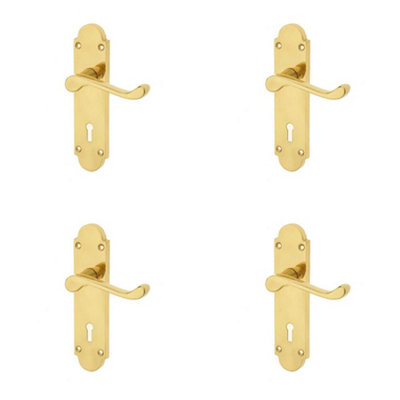 4 PACK Contemporary Suite Door Handle with Lockplate in Polished Brass Finish - Interior Lever on Backplate