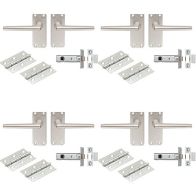 4 PACK - Contract Straight Door Handle & Latch Pack Set- Satin Aluminium Lever on Backplate